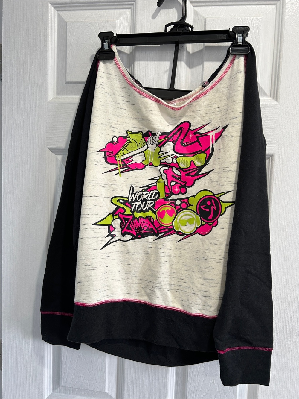 Vintage Zumba Off-Shoulder Sweater in White and Black w/Neon Logo